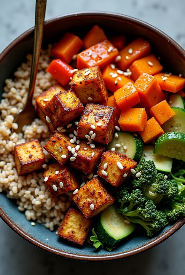 Maple Glazed Tempeh Protein Bowl filled with farro, roasted vegetables, and garnished with sesame seeds.