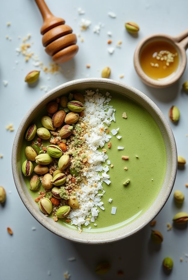 Vibrant Matcha Pistachio Smoothie Bowl topped with honey and crunchy pistachios, perfect for healthy breakfasts.