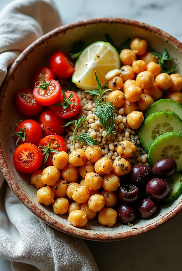 Mediterranean Chickpea Millet Bowl with Lemon Tahini, featuring vibrant veggies and healthy chickpeas.