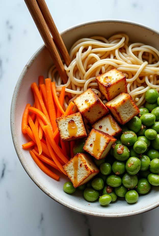 Miso Ginger Soba Noodle Bowl with Tofu is a vibrant and nutritious meal featuring soba noodles, tofu, and edamame.