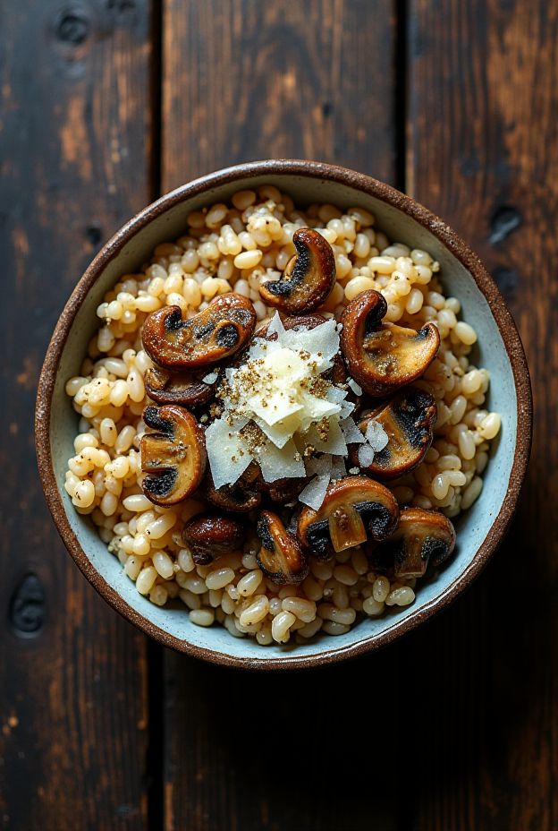 Mushroom Truffle Barley Bowl drizzled with truffle oil and topped with Parmesan cheese.