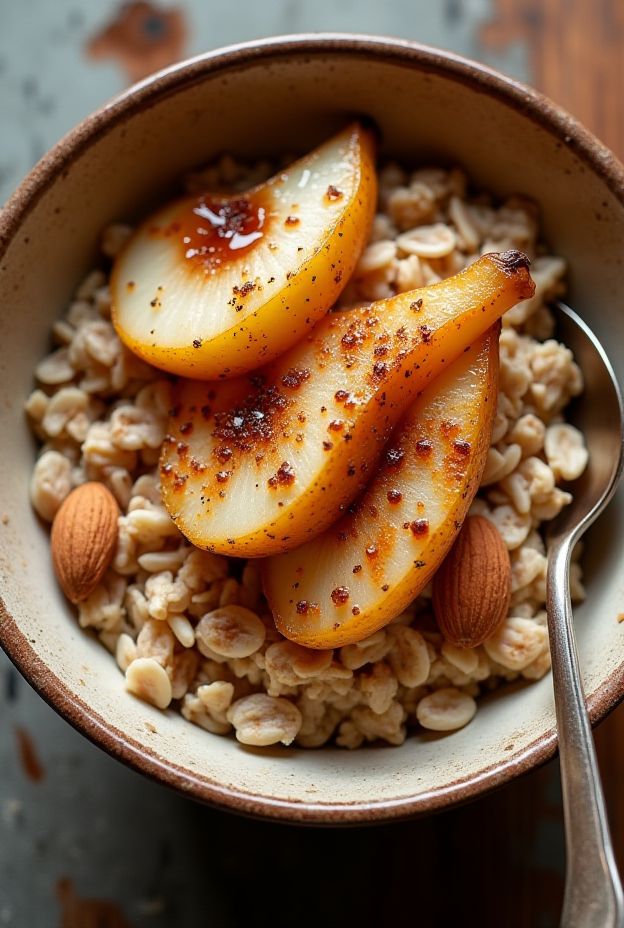 Creamy oatmeal topped with caramelized pears and almond crunch for a nourishing breakfast delight.