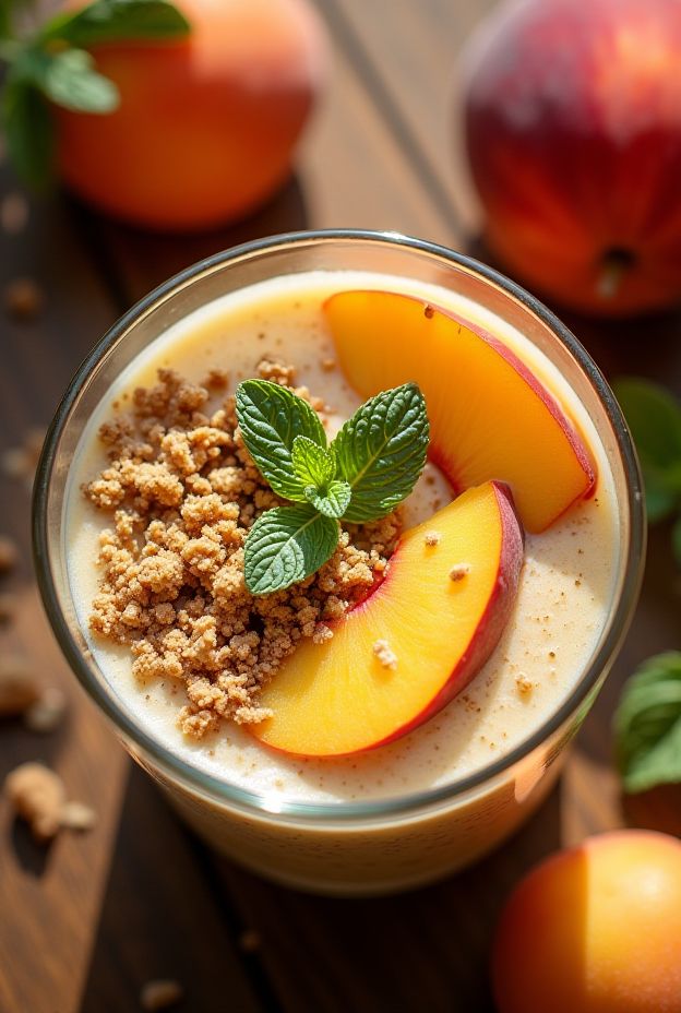 A Peach Cobbler Smoothie Bowl with Honey Crumble featuring ripe peaches, creamy yogurt, and a crunchy topping.