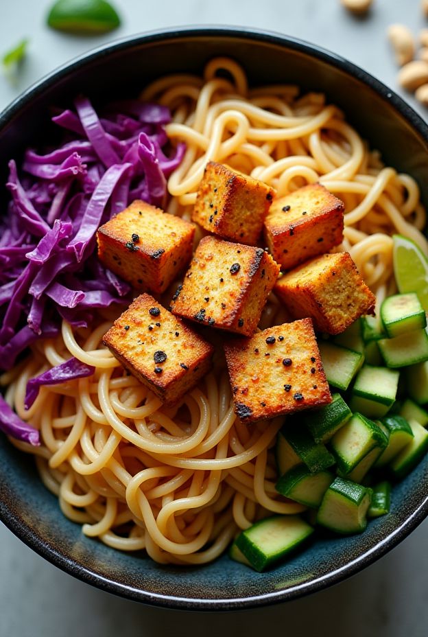 Peanut Butter Tofu Noodle Bowl with Cabbage Slaw featuring noodles, tofu, and vibrant vegetables in a creamy sauce.