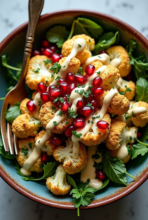 Warm roasted cauliflower with tahini dressing, vibrant pomegranate, and fresh herbs in a colorful salad bowl.