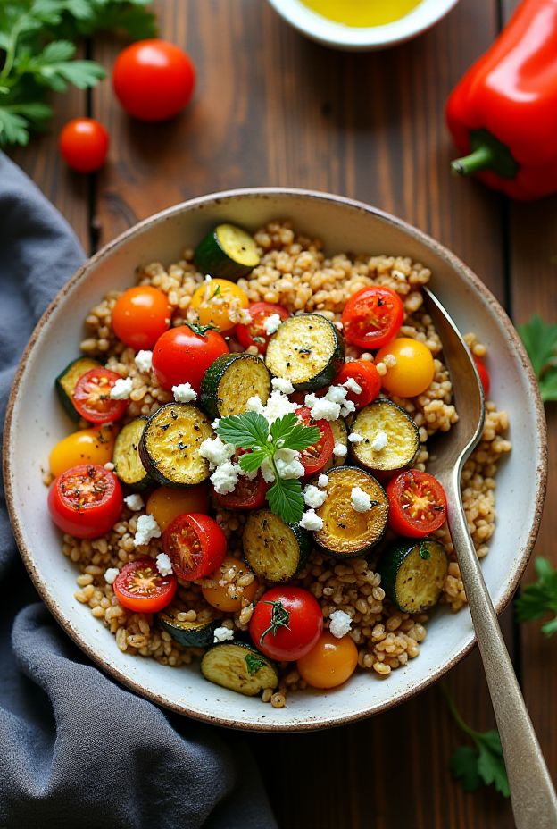 Wholesome roasted veggie farro bowl topped with creamy feta and garnished with fresh herbs.