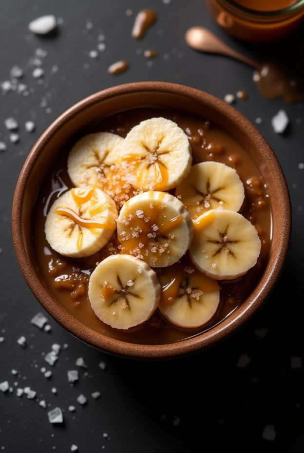 Salted Caramel Banana Dessert Bowl with sliced bananas, drizzled caramel, and sprinkled sea salt.