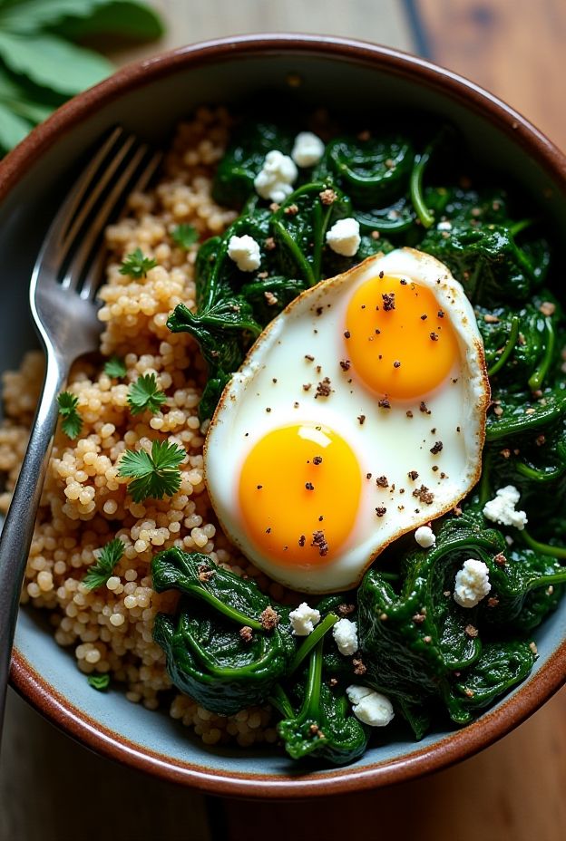 Savory Spinach Egg and Quinoa Breakfast Bowl featuring sautéed spinach, poached eggs, and feta cheese atop quinoa.