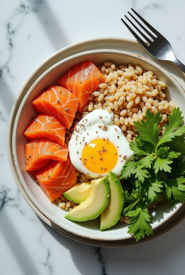 A vibrant bowl meal featuring smoked salmon, avocado, and brown rice with soft-boiled egg and lemon yogurt dressing.