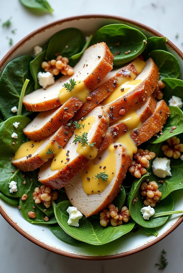 Smoked Turkey Spinach Salad Bowl with creamy honey mustard dressing, topped with walnuts and sliced turkey on fresh spinach.