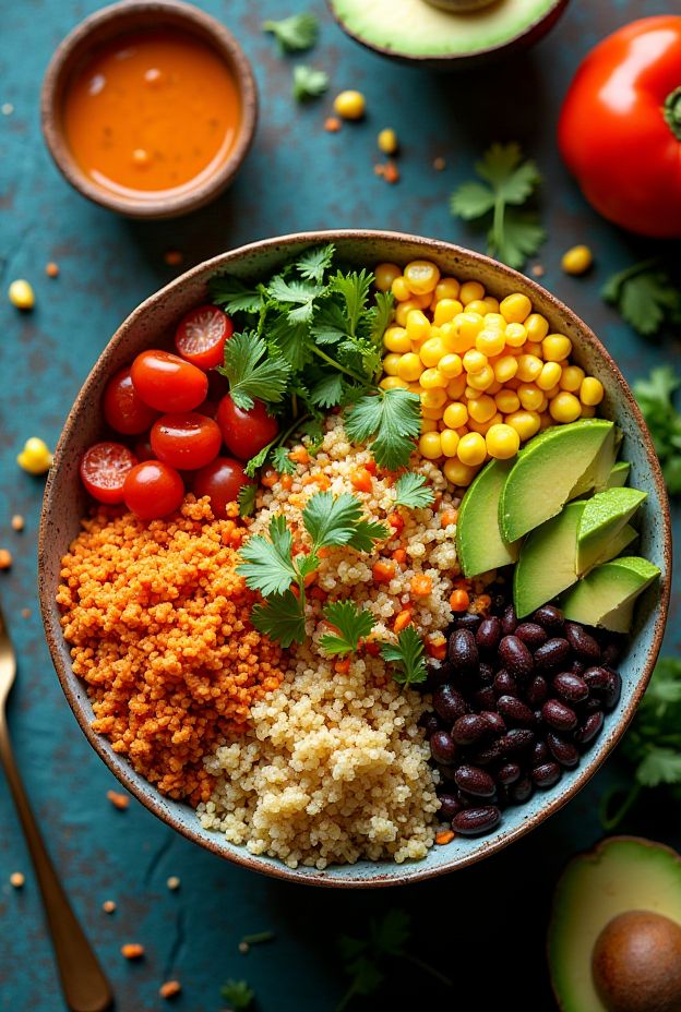 Colorful Southwest Corn and Quinoa Salad Bowl with fresh ingredients and chipotle ranch dressing.