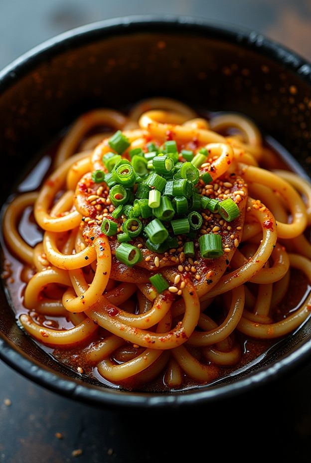 A colorful bowl of Spicy Garlic Sesame Udon Noodles topped with scallions and sesame seeds.