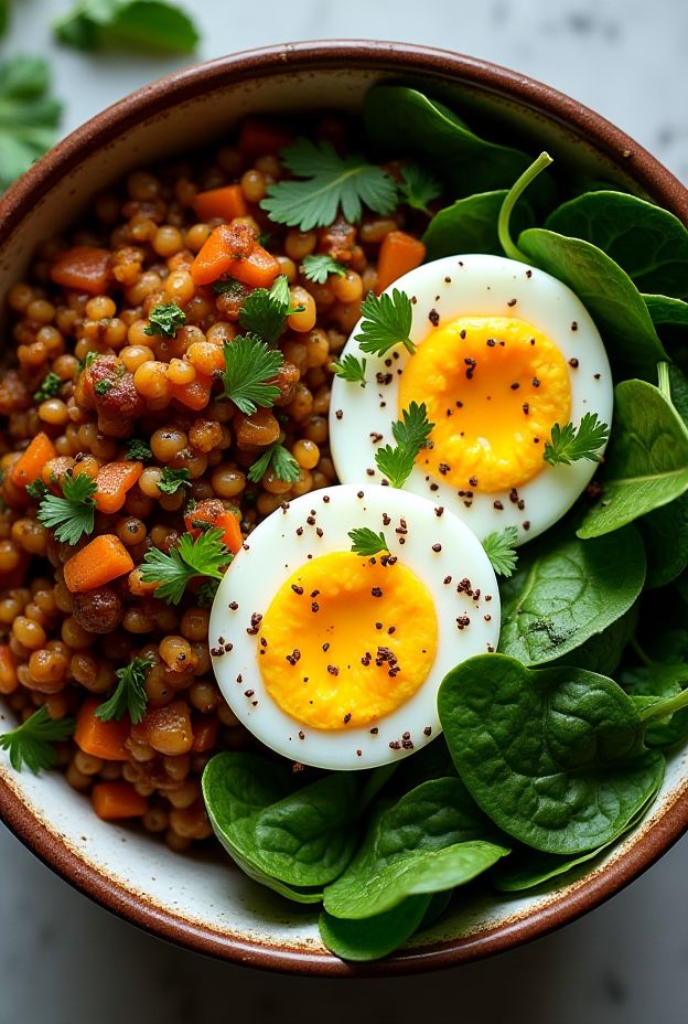 A vibrant Spicy Lentil and Egg Protein Power Bowl featuring curried lentils, soft-boiled eggs, and fresh spinach.