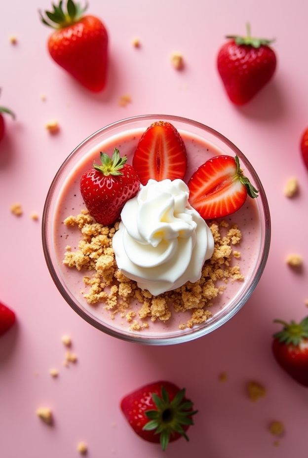 A vibrant strawberry shortcake smoothie bowl topped with whipped cream and biscuit crumble, perfect for a healthy breakfast.