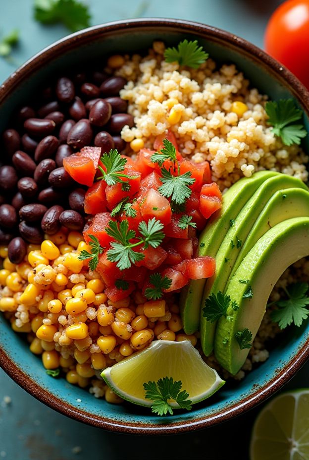 A hearty Tex-Mex quinoa bowl with roasted corn, avocado, and spicy lime crema, ideal for healthy meals.