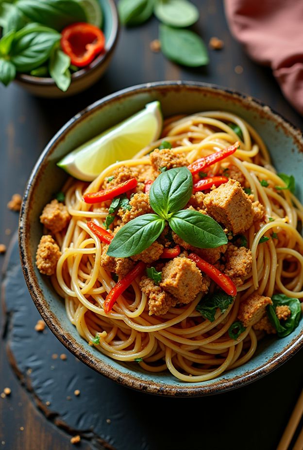 A bowl meal featuring savory Thai basil chicken with glass noodles, fresh basil, bell peppers, and lime.