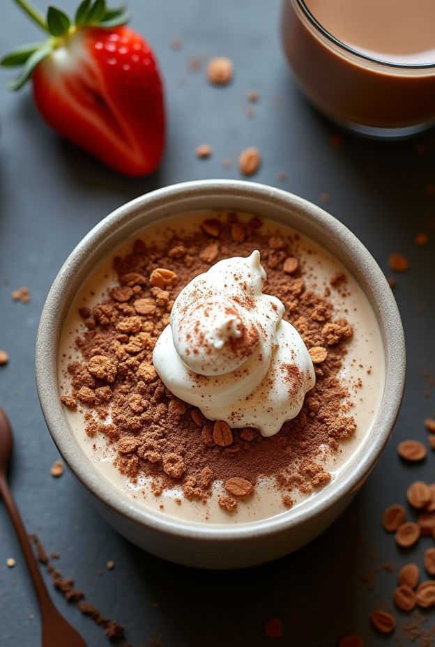 Delicious Tiramisu Yogurt Dessert Bowl featuring layered cocoa oats, yogurt, and mascarpone for a nutritious treat.