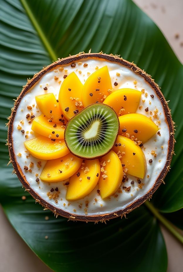 Tropical Chia Pudding Breakfast Bowl topped with mango, kiwi, and passionfruit, served in a coconut shell.