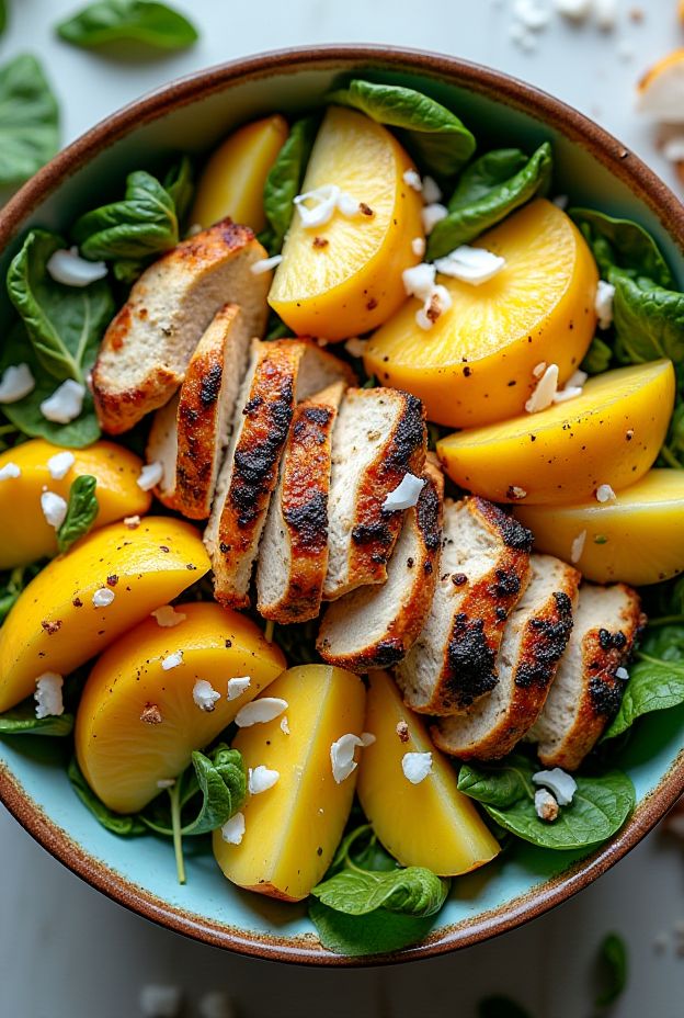 Tropical Chicken Salad Bowl featuring grilled chicken, mango, pineapple, and coconut flakes on a bed of greens.