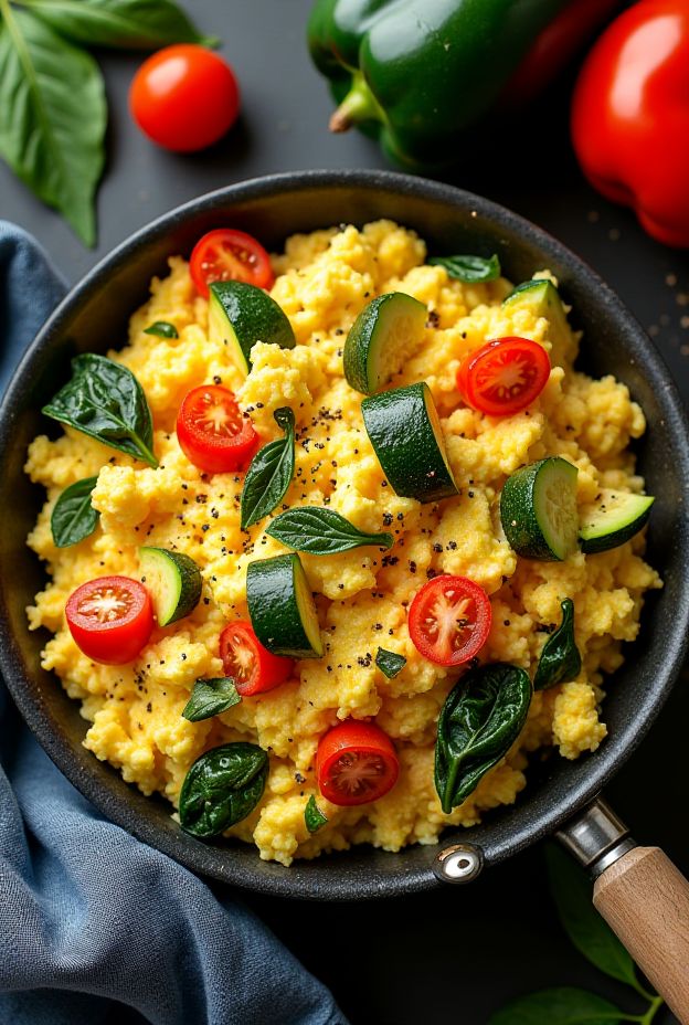 Vegetable Scramble Breakfast Bowl with scrambled eggs, spinach, zucchini, and bell peppers for a nutritious start.