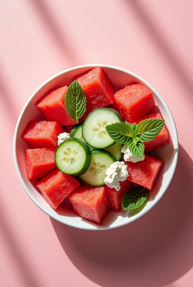 A vibrant Watermelon, Cucumber, and Feta Summer Salad Bowl decorated with mint leaves.
