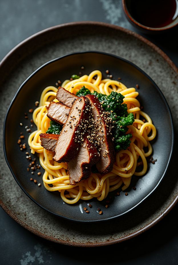 Beautifully plated Black Garlic Duck Egg Noodle Bowl featuring roasted duck, egg noodles, and sautéed greens.