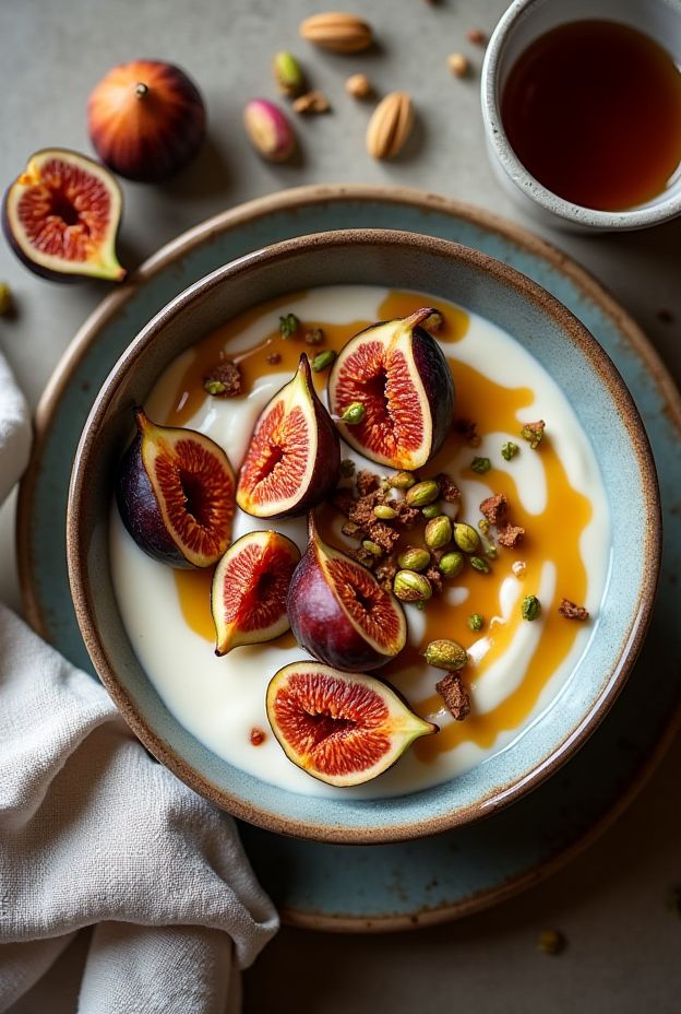 Delicious Caramelized Fig Yogurt Bowl topped with honey and pistachios, a perfect healthy breakfast or dessert treat.