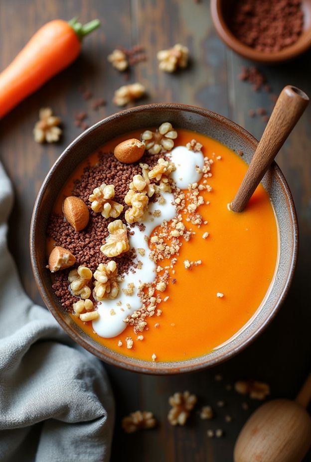 Carrot Ginger Cake Smoothie Bowl with walnuts and cream cheese drizzle, perfect for a healthy breakfast.
