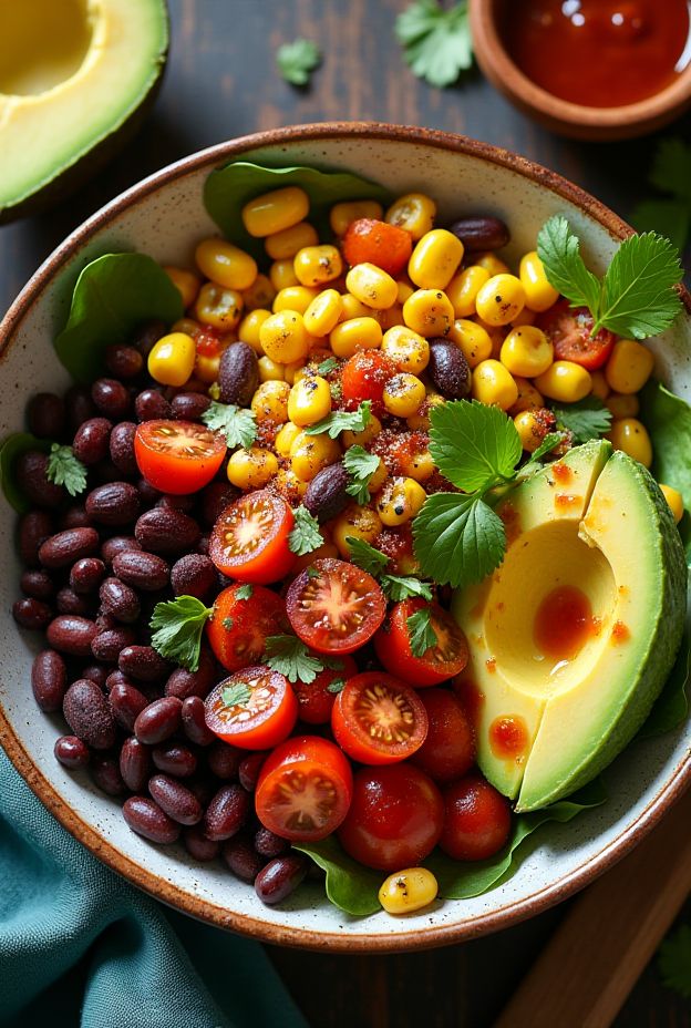 A colorful Smoky Charred Corn and Black Bean Salad Bowl with fresh vegetables and avocado on top.