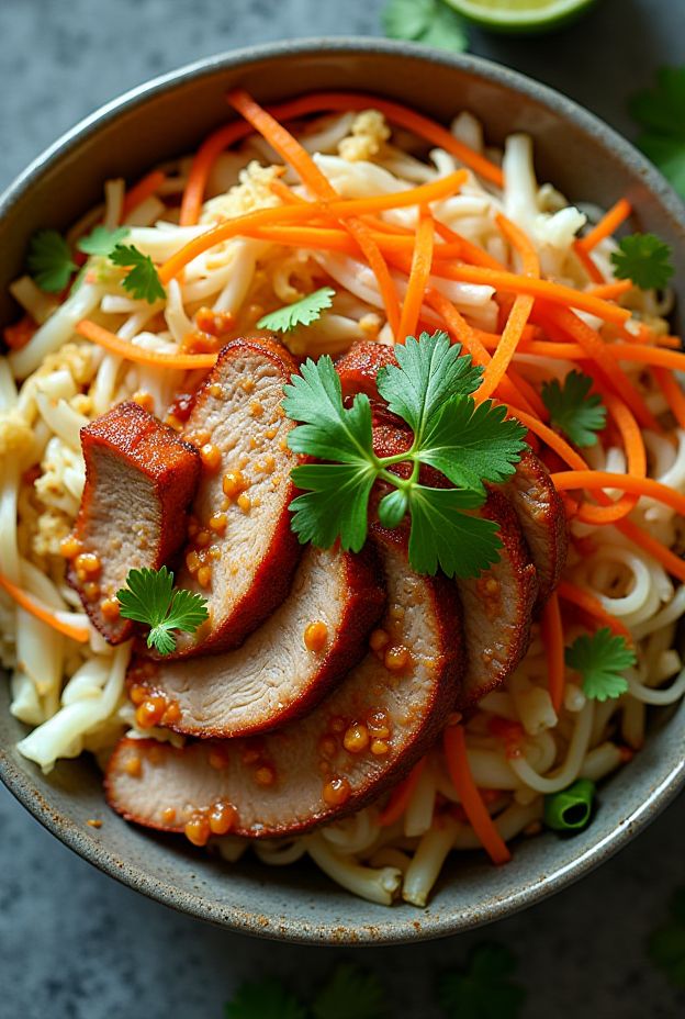 Chili Lime Pork Vermicelli Bowl with noodles, pork, cabbage, and carrots arranged beautifully.