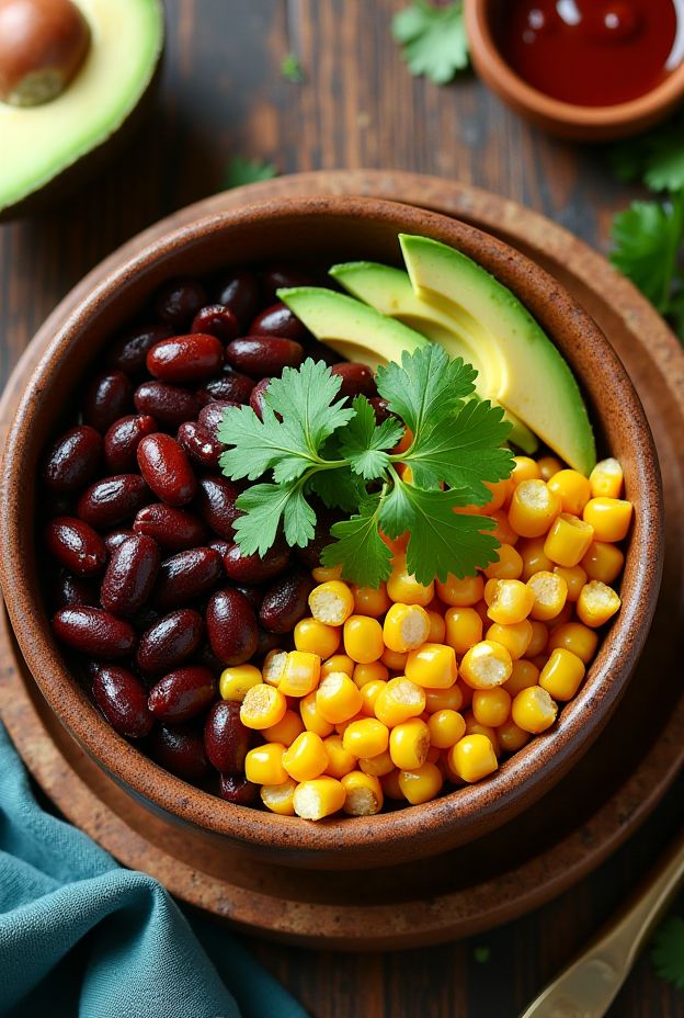 Chipotle Black Bean Protein Bowl with black beans, corn, and avocado arranged beautifully.