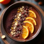 Delicious Chocolate Orange Truffle Bowl topped with orange slices, cacao nibs, and almond butter for a nutritious treat.