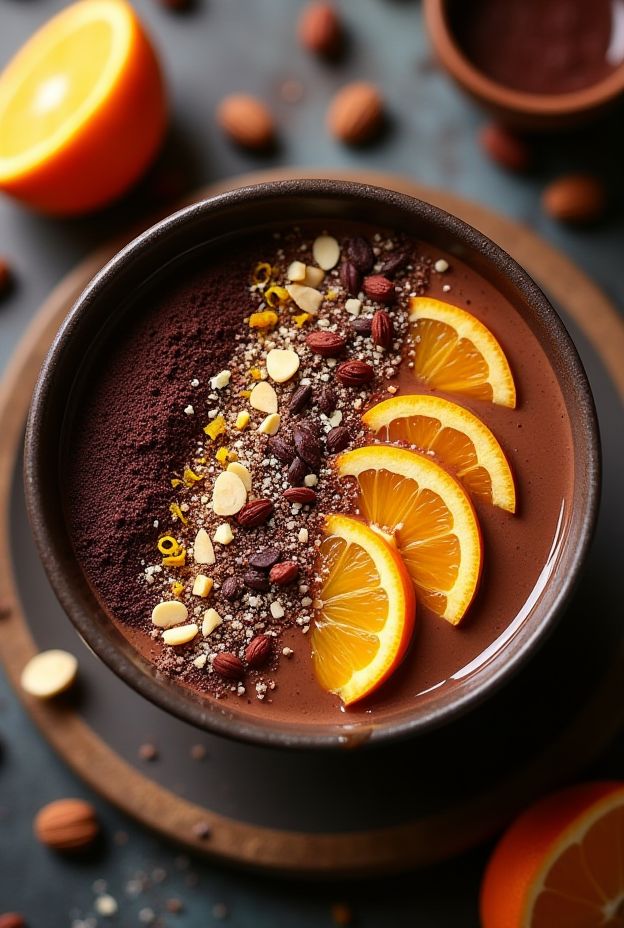 Delicious Chocolate Orange Truffle Bowl topped with orange slices, cacao nibs, and almond butter for a nutritious treat.