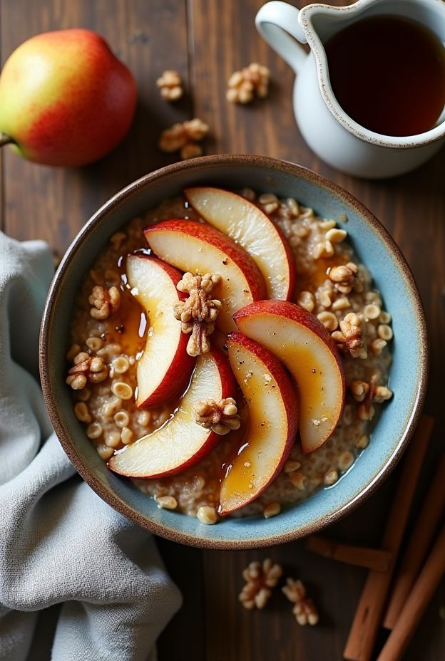 A nourishing bowl of Cinnamon Pear Oatmeal topped with caramelized pears, walnuts, and maple syrup for a wholesome breakfast.