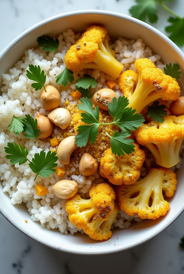 Colorful Coconut Curry Cauliflower Rice Bowl topped with roasted cauliflower, cashews, and fresh herbs.