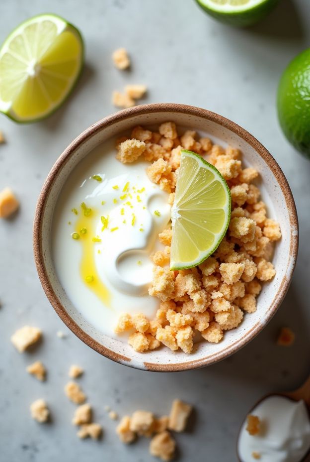 A delicious Coconut Lime Cheesecake Bowl featuring coconut yogurt, lime zest, graham crumble, and toasted coconut for a tropical dessert.