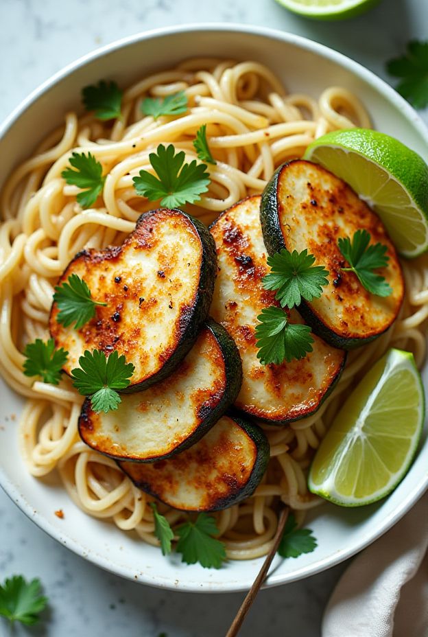 Coconut Lime Chicken Glass Noodle Bowl with roasted zucchini and cilantro, a nutritious and flavorful dish.