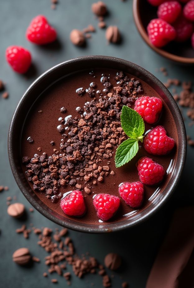 Delicious dark chocolate raspberry smoothie bowl topped with raspberries and cacao nibs.