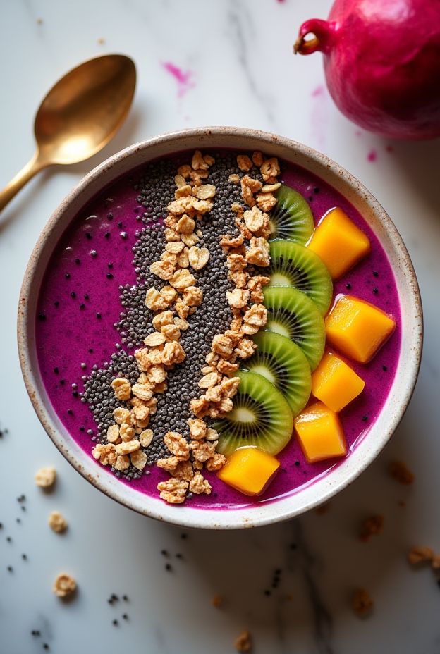 Vibrant dragonfruit and kiwi smoothie bowl topped with chia seeds and granola for a refreshing and healthy meal.