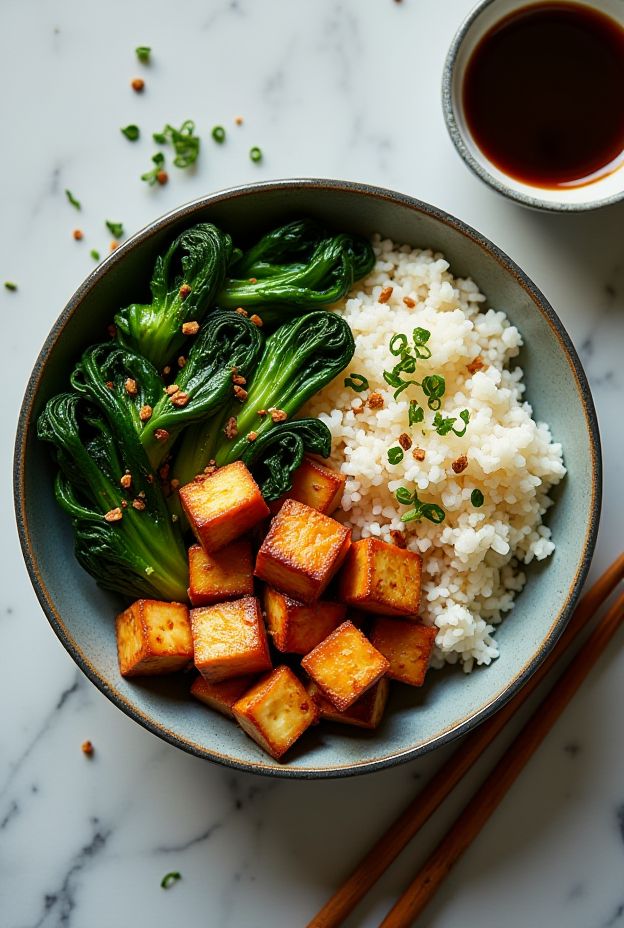 Garlic Ginger Tofu Protein Bowl featuring crispy tofu, sautéed bok choy, and fluffy rice, garnished with green onions.