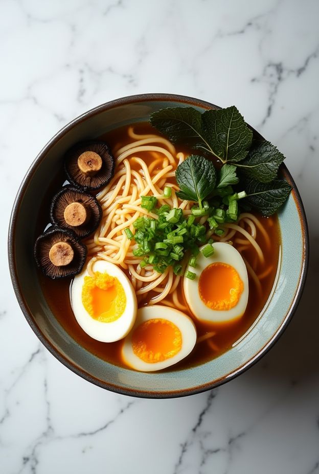 Garlic Sesame Mushroom Ramen Bowl featuring soft-boiled eggs and fresh ingredients in a rich broth.