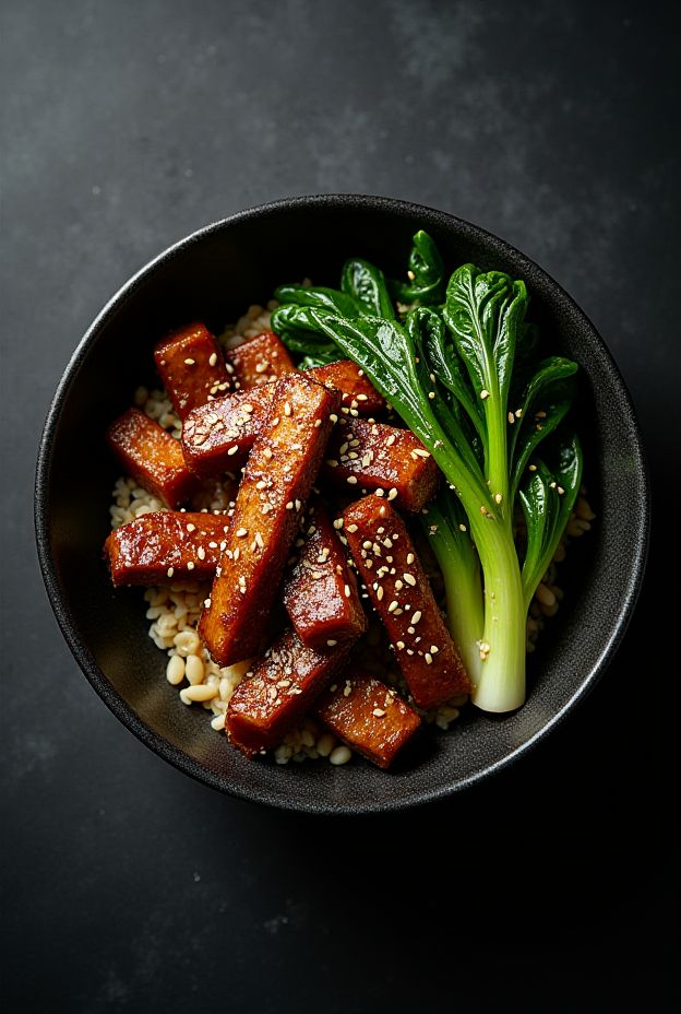 Healthy Ginger Garlic Beef Freekeh Bowl with sautéed bok choy, a wholesome meal packed with flavor and nutrition.