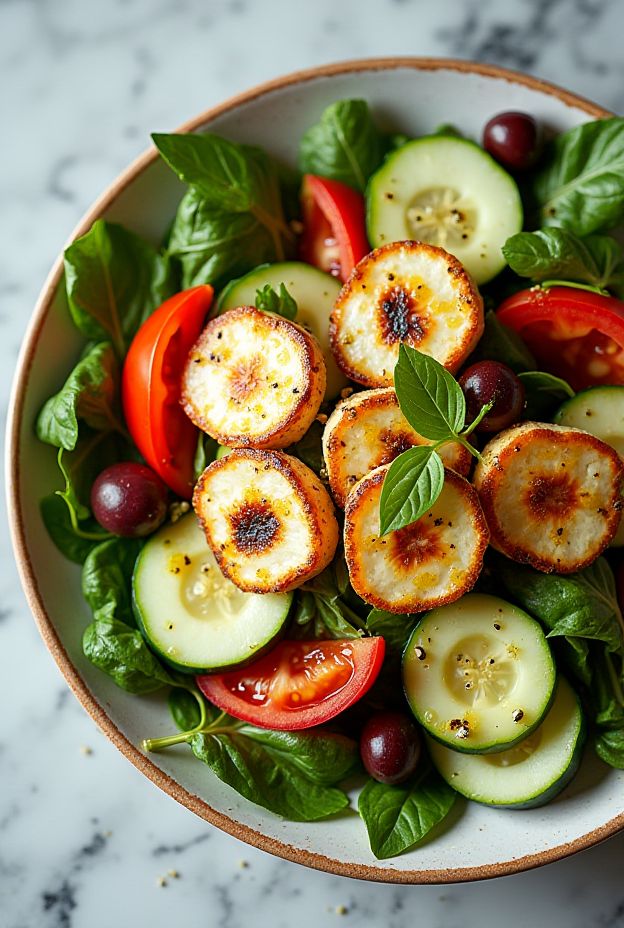Grilled Halloumi Mediterranean Salad Bowl featuring fresh vegetables and lemon dressing.