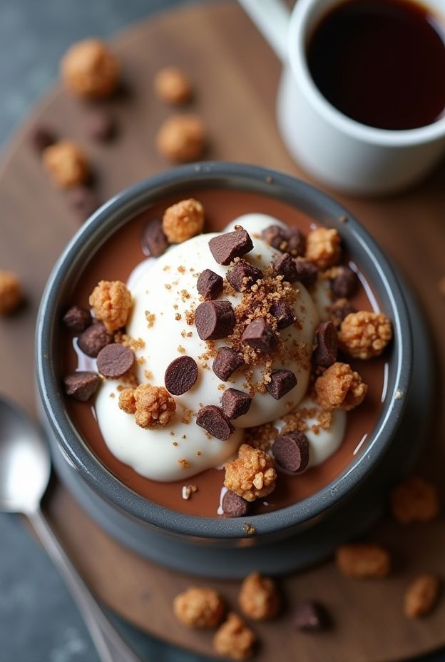 Hazelnut Mocha Parfait Bowl with layers of yogurt, cocoa nibs, and crunchy granola, perfect for breakfast or dessert.