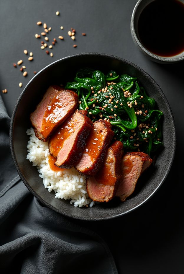 Honey Sesame Duck Protein Bowl with sautéed spinach and rice, topped with sesame seeds.