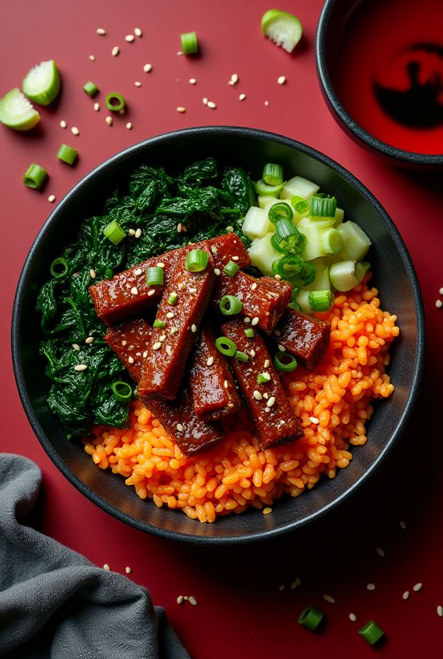 Korean Gochujang Beef Protein Bowl with sautéed spinach and sesame rice, garnished with green onions.