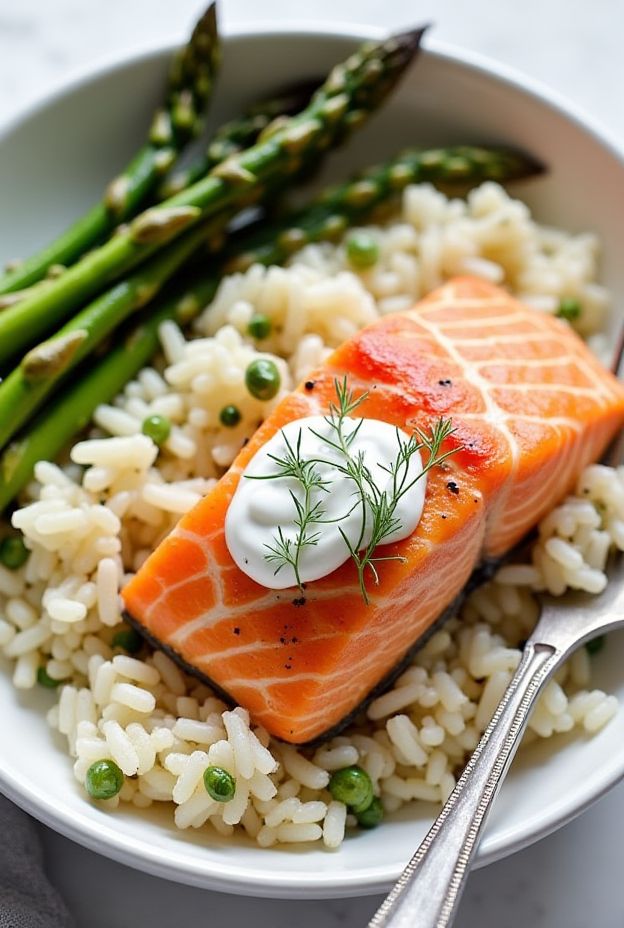 Lemon Dill Salmon Wild Rice Bowl with asparagus and dill yogurt sauce, healthy meal, nutritious ingredients.