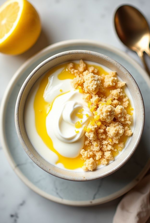 A delicious creamy lemon poppyseed cheesecake bowl with yogurt, cream cheese, and crumble topping served in a textured bowl.