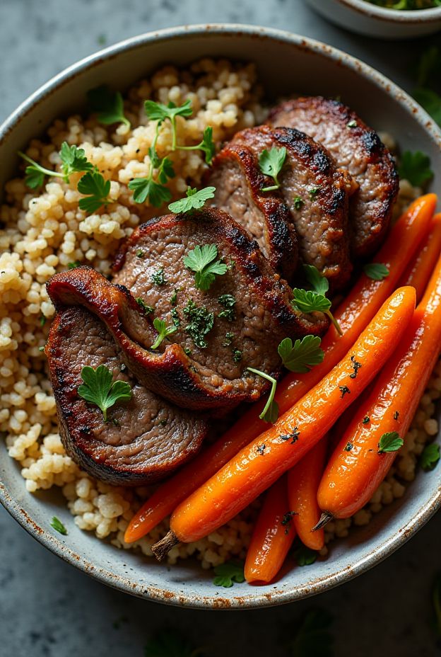 A flavorful Lemon Rosemary Lamb Protein Bowl featuring marinated lamb, roasted carrots, and bulgur.