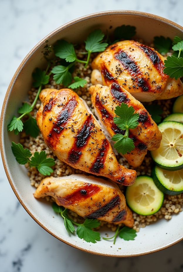 Lemon Thyme Chicken Protein Bowl with grilled chicken, zucchini, and quinoa garnished with parsley.